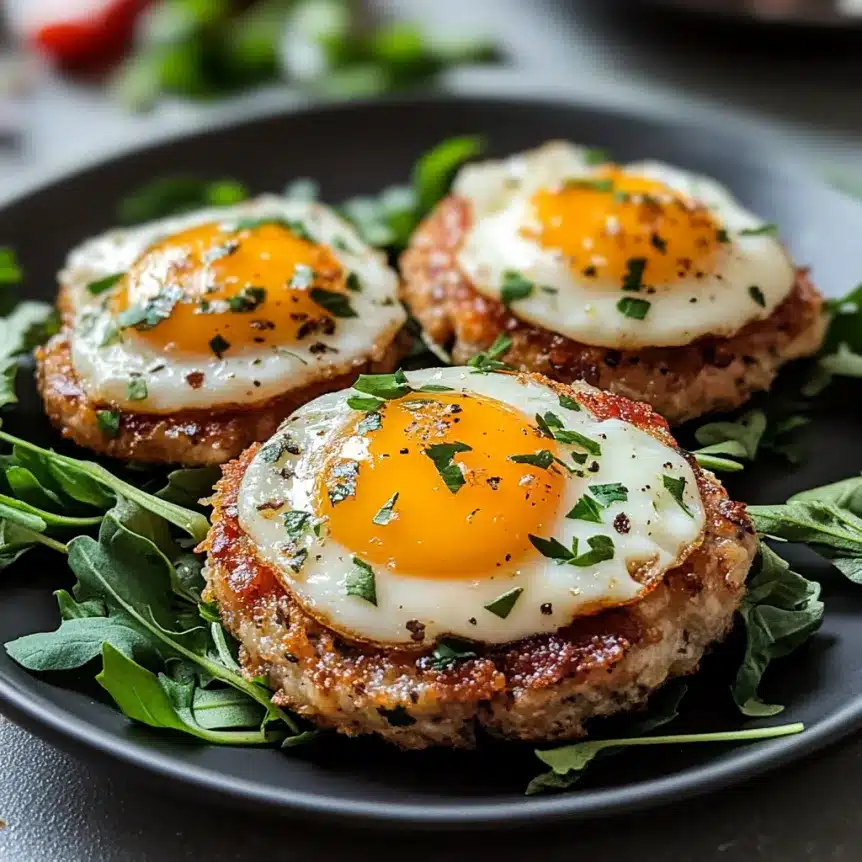 Three turkey sausage patties topped with sunny-side-up eggs, garnished with fresh herbs and served on a black plate with greens.