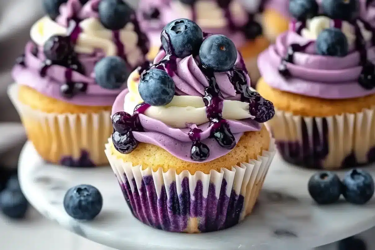 A set of beautifully decorated blueberry cupcakes with purple and white swirled frosting, fresh blueberries, and a drizzle of blueberry sauce.