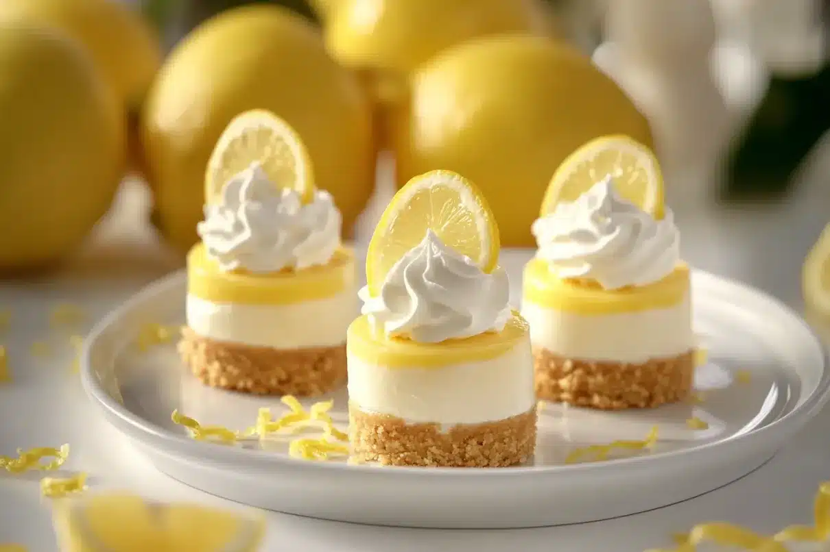 A beautifully styled plate of mini lemon cheesecakes with golden crusts, vibrant lemon topping, and decorative whipped cream swirls, perfect for spring and summer gatherings.

