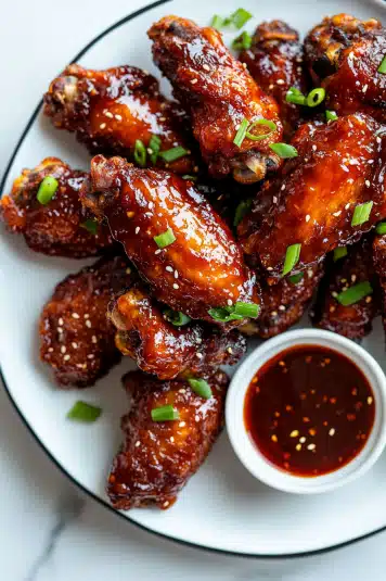 A close-up shot of crispy chicken wings stacked on a plate, highlighting their golden-brown, crunchy coating.