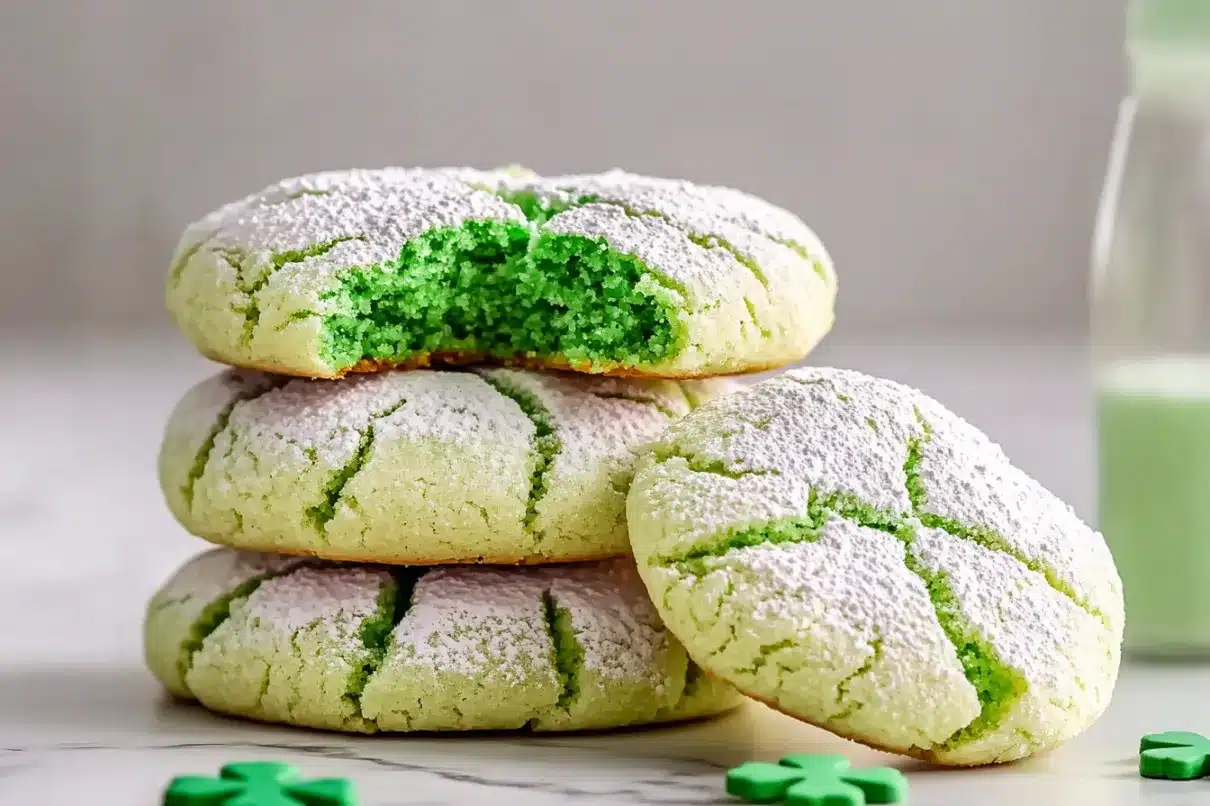A close-up of green crinkle cookies arranged in a stack, with one bitten open to reveal a moist green interior, surrounded by small shamrock decorations.