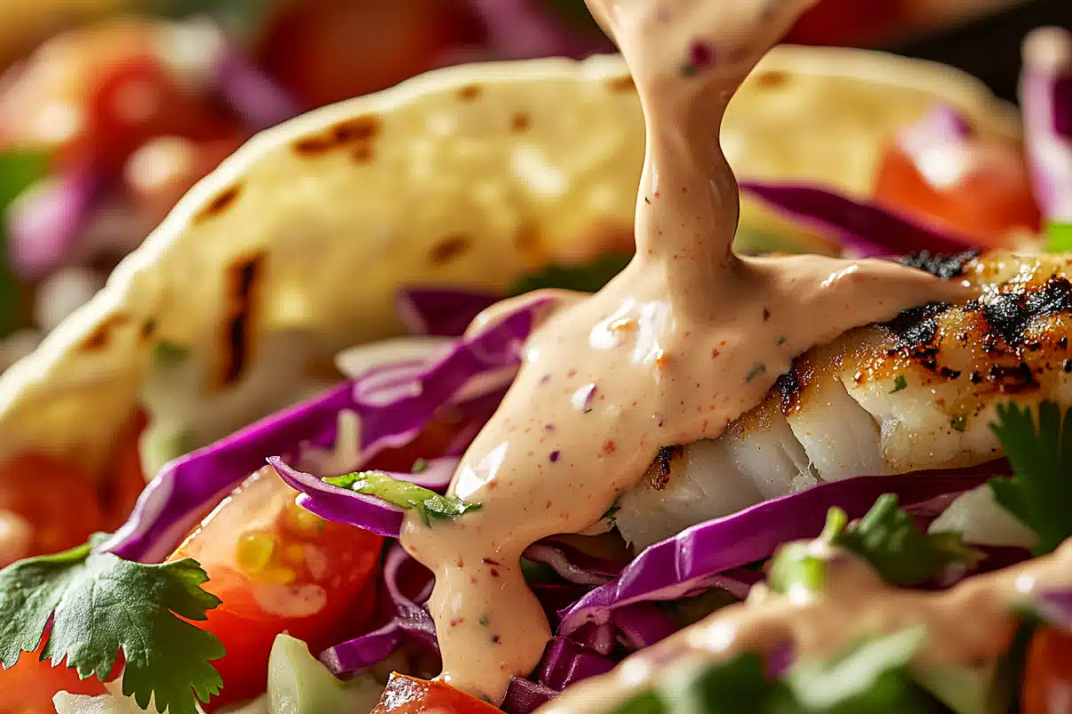 Extreme close-up of a fish taco topped with grilled white fish, vibrant purple cabbage, diced tomatoes, cilantro, and a creamy chipotle sauce being poured on.