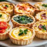 A tray of golden-brown mini quiches filled with eggs, cheese, and spinach, baked to perfection in a flaky crust.