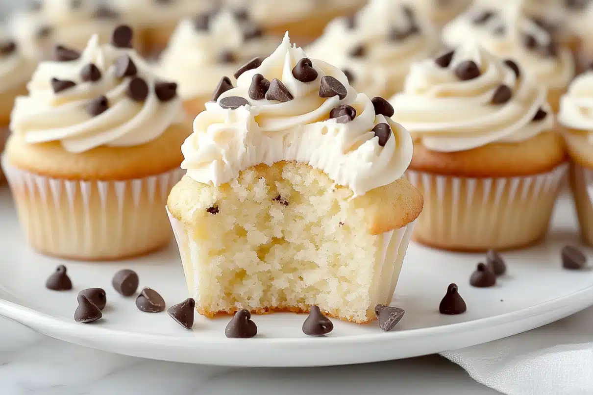 Vanilla cupcake with vanilla frosting and chocolate chips, shown with a bite taken out to reveal a soft, fluffy texture.