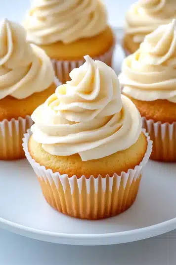 Overhead shot of vanilla cupcakes with whipped frosting and edible flowers, beautifully arranged for a spring event.

