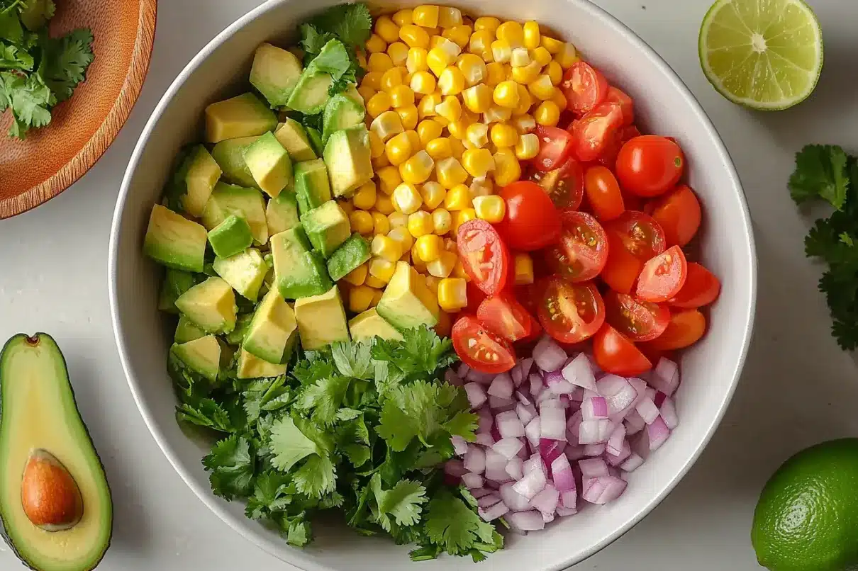 Bowl of fresh, chopped salad ingredients including avocado, corn, cherry tomatoes, red onion, and cilantro arranged in colorful sections before mixing.

