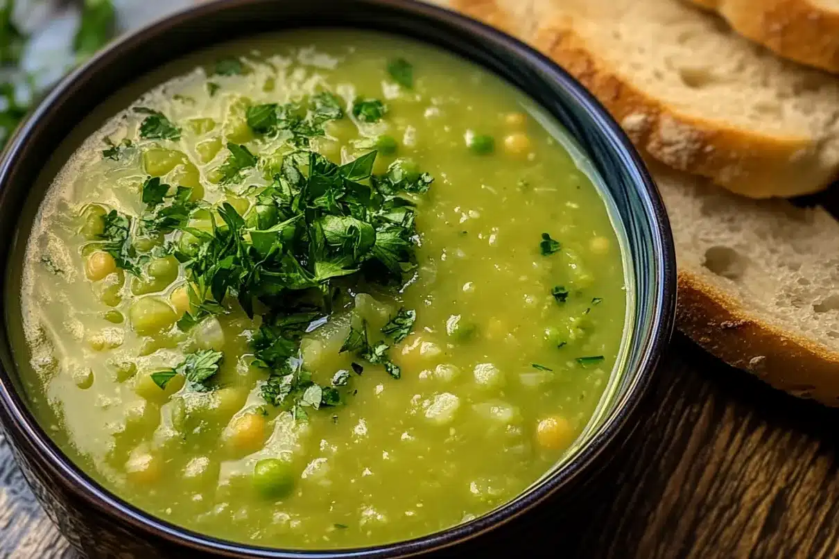 A bowl of fresh green pea soup, garnished with chopped parsley and served with rustic bread slices.
