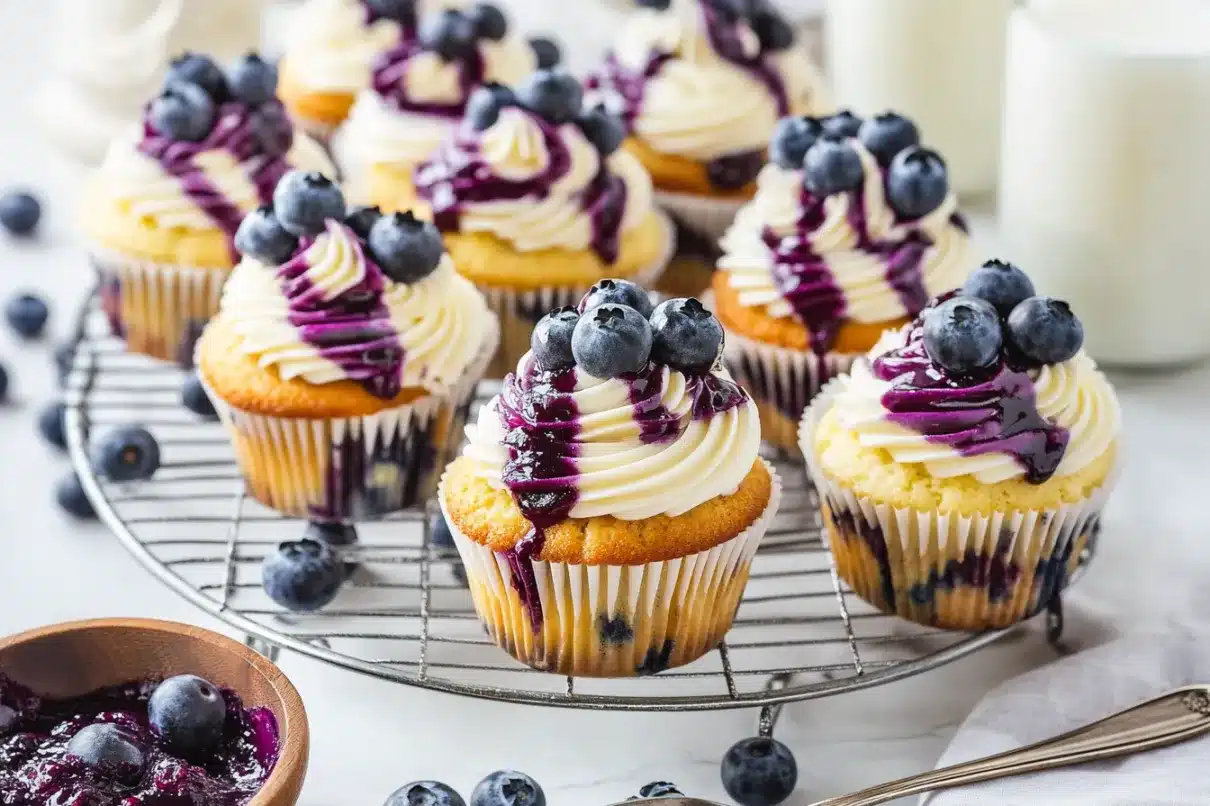 A wire rack filled with freshly baked blueberry cupcakes topped with creamy frosting, blueberry sauce, and fresh blueberries.