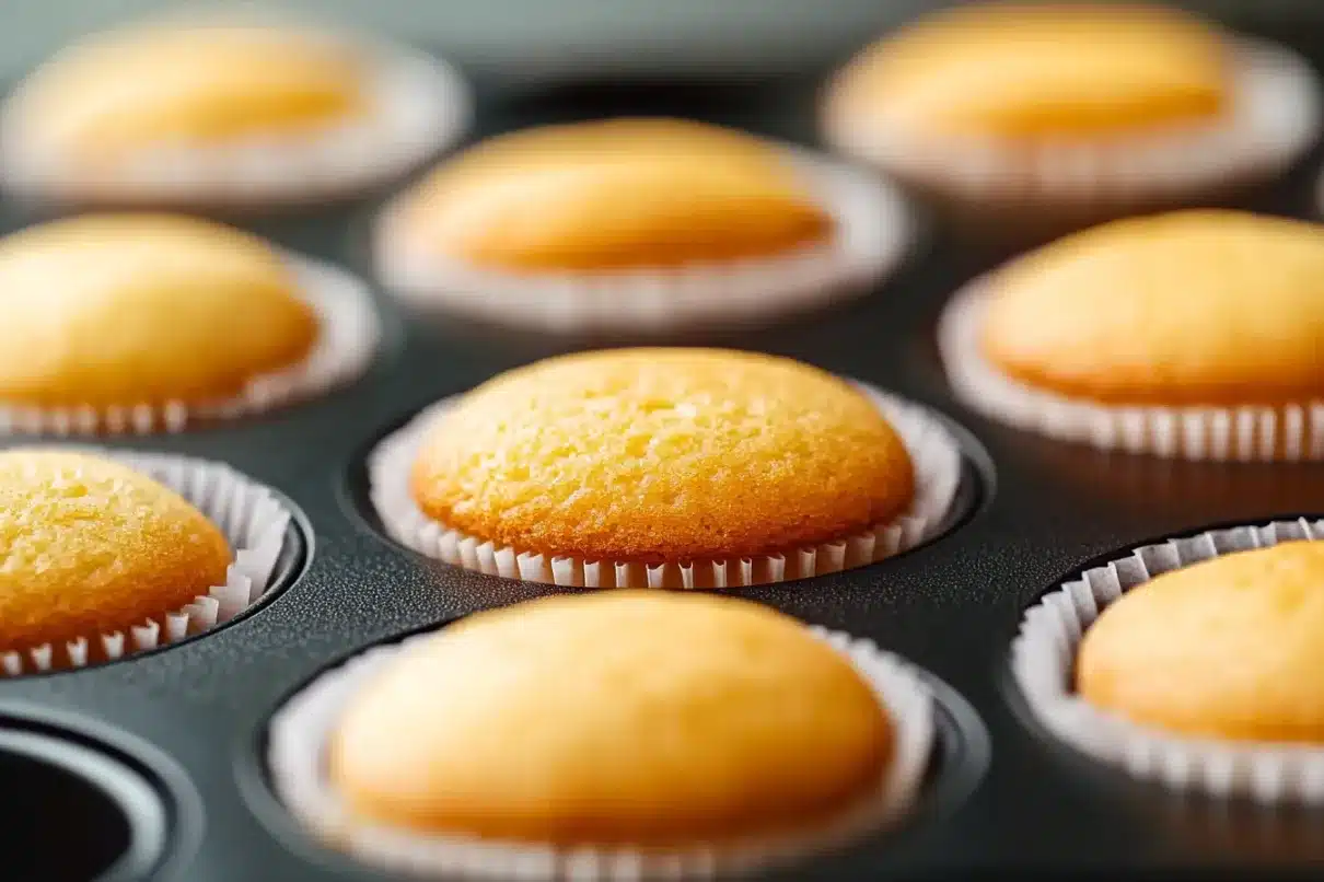 A batch of freshly baked golden cupcakes in a muffin tin, ready to be decorated with frosting.