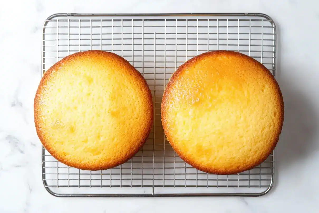 Two round, golden-brown 8-inch yellow cakes cooling on a stainless steel wire rack, placed on a white marble countertop