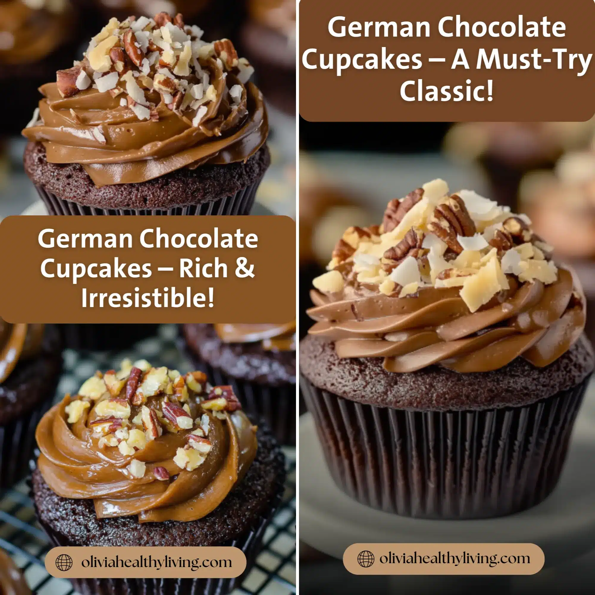 A beautifully frosted German chocolate cupcake with thick, caramelized coconut-pecan topping, drizzled with dark chocolate and garnished with a pecan half.
