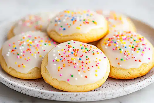 Plate of soft sugar cookies topped with white icing and colorful sprinkles, arranged on a speckled ceramic dish.