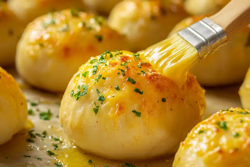 A basket of warm, buttery garlic cheese bombs, brushed with garlic butter and topped with fresh herbs, served with marinara sauce for dipping.