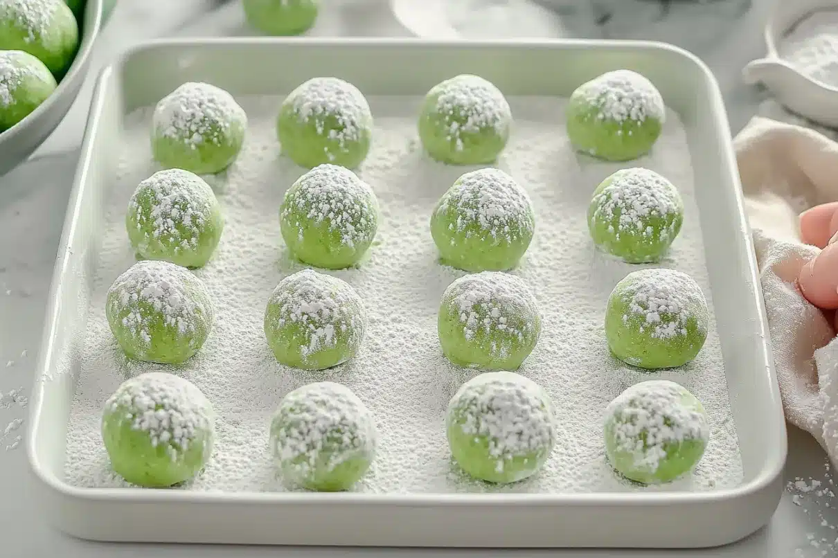 A baking tray filled with green dough balls dusted with powdered sugar, neatly arranged before baking, with a hand gently touching a napkin nearby.