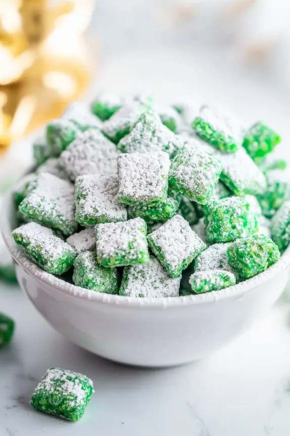 A white ceramic bowl overflowing with green sugar-coated puppy chow, dusted with powdered sugar, with a soft-focus golden decoration in the background and a few cereal pieces scattered on a marble surface.