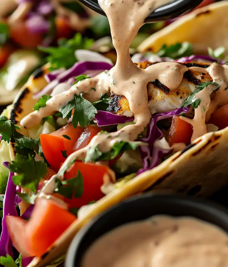 Close-up of grilled fish tacos with shredded cabbage, diced tomatoes, fresh cilantro, and a smoky chipotle crema being drizzled on top.