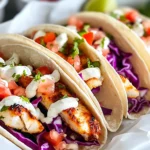 Grilled fish tacos with purple cabbage, diced tomatoes, chopped cilantro, and a drizzle of creamy white sauce, served in soft flour tortillas.