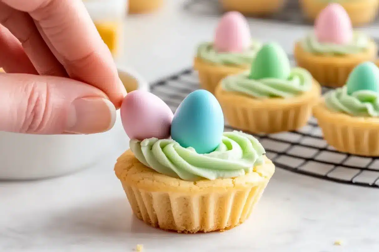 A close-up of a hand carefully placing a pastel pink candy egg on top of a cupcake with green buttercream frosting piped into a nest shape. In the background, more decorated cupcakes are resting on a wire cooling rack.
