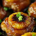 A fork lifting a bite of juicy chicken and pineapple from a bowl, highlighting the glistening glaze and tender texture.