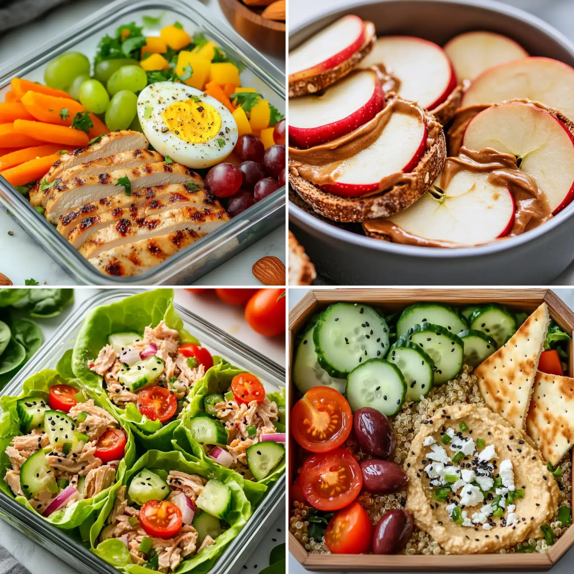 A collage of healthy meal prep ideas, including grilled chicken with a hard-boiled egg and fresh fruits, apple slices with peanut butter on whole grain bread, tuna salad lettuce wraps with cherry tomatoes and cucumber slices, and a Mediterranean-inspired quinoa bowl with hummus, cucumbers, olives, and pita chips.