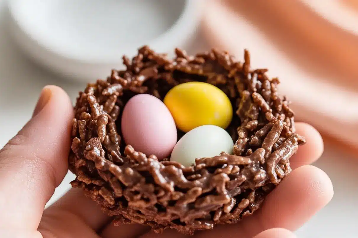 Close-up of a hand holding a no-bake chocolate bird’s nest cookie filled with three pastel-colored Cadbury mini eggs, against a softly blurred background.