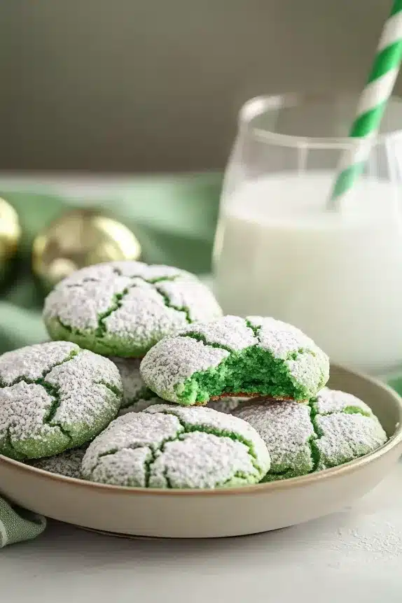A plate filled with green crinkle cookies covered in powdered sugar, with warm festive lighting in the background and a glass of milk with a green-striped straw.