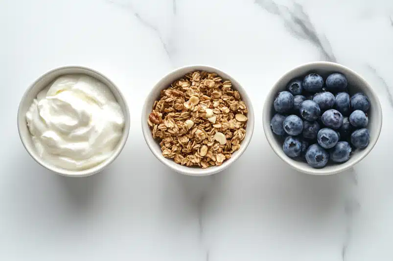 A close-up of a spoon drizzling vibrant blueberry syrup over a yogurt bowl topped with fresh fruit and granola.