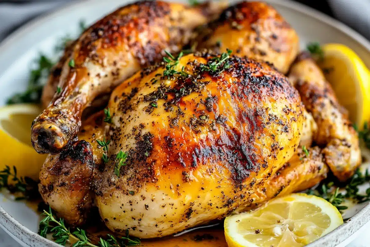 A plate of golden roasted honey lemon chicken with crispy skin, served with fresh asparagus and lemon slices.