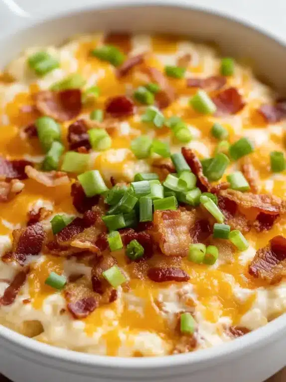 A freshly baked, cheesy bacon dip with crispy bacon bits and green onions in a white serving bowl.