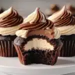 Cupcake with a bite showing creamy coffee filling inside rich chocolate cake and topped with dual-tone frosting.
