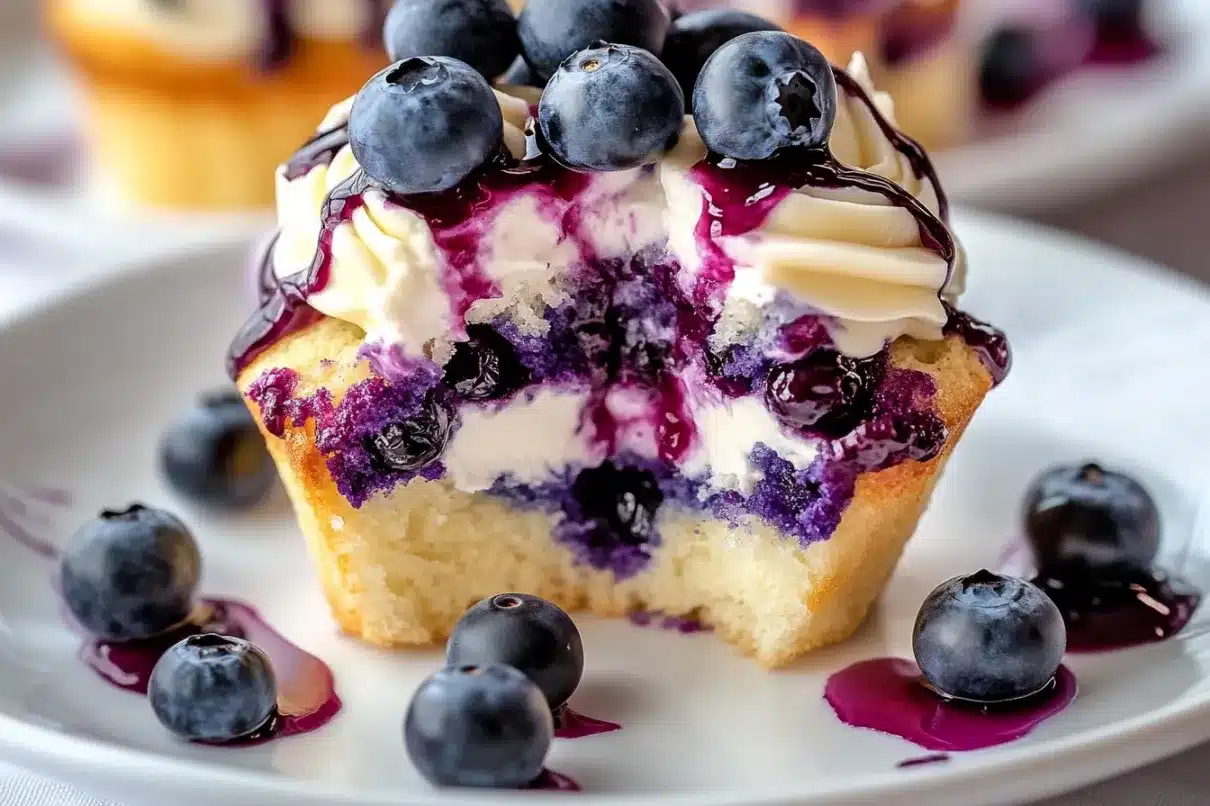 A blueberry-filled cupcake with a bite taken out, revealing a soft vanilla sponge and a rich blueberry and cream filling, topped with fresh blueberries.