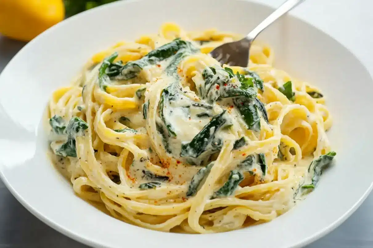 A plate of creamy lemon ricotta pasta with fresh spinach, sprinkled with black pepper and parmesan.