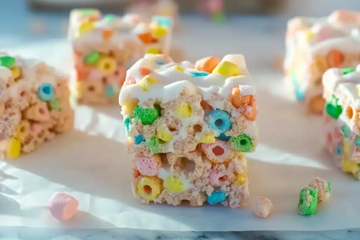 A square-shaped Lucky Charms cereal treat with heart-shaped marshmallows, stacked on parchment paper with scattered cereal pieces around.