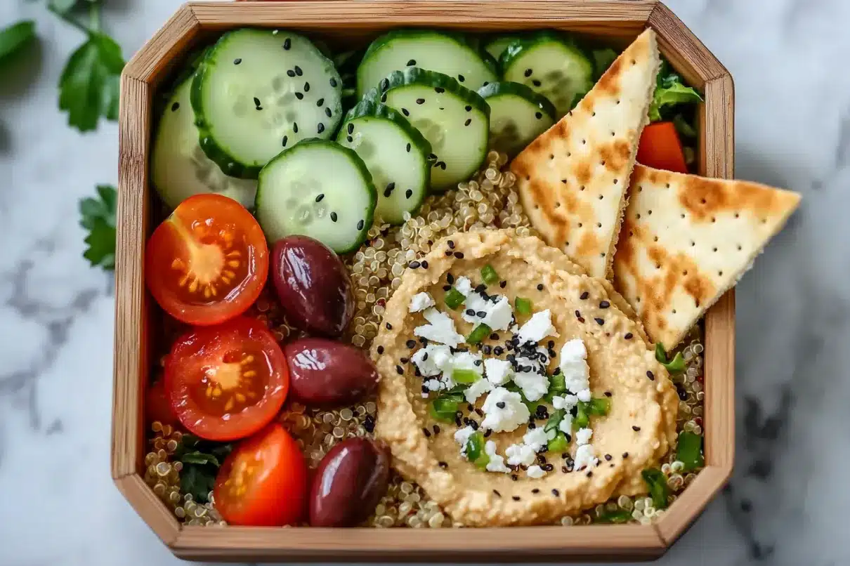 A bento box featuring quinoa, creamy hummus topped with feta and herbs, cucumber slices, cherry tomatoes, Kalamata olives, and pita crackers.