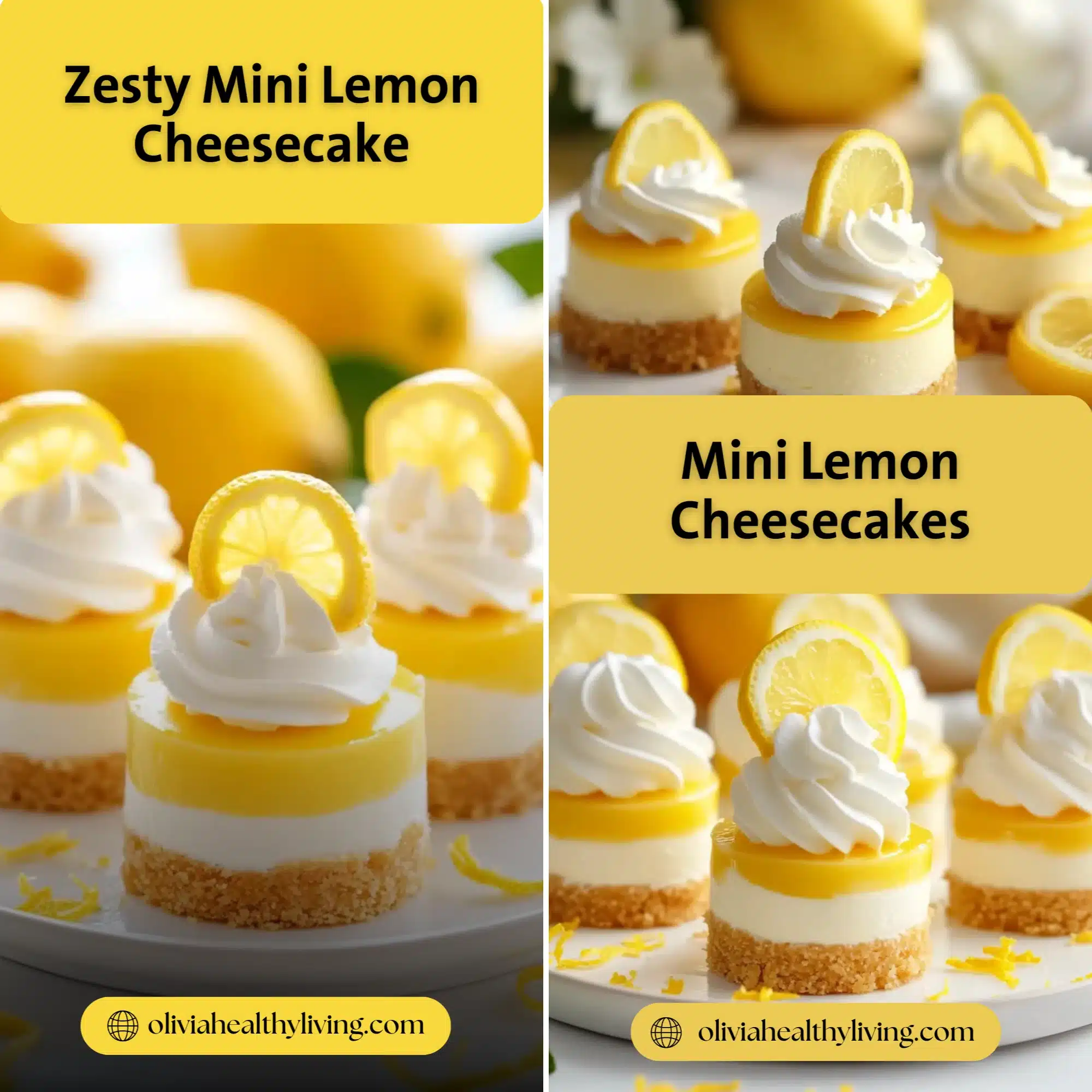 A top-down view of a serving platter filled with mini lemon cheesecakes, surrounded by whole lemons and lemon wedges, creating a bright and inviting dessert scene.


