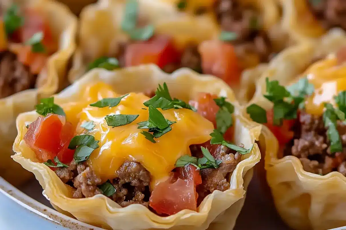 Close-up of crispy phyllo cups filled with seasoned ground beef, melted cheese, fresh tomatoes, and chopped cilantro, served on a brown plate.