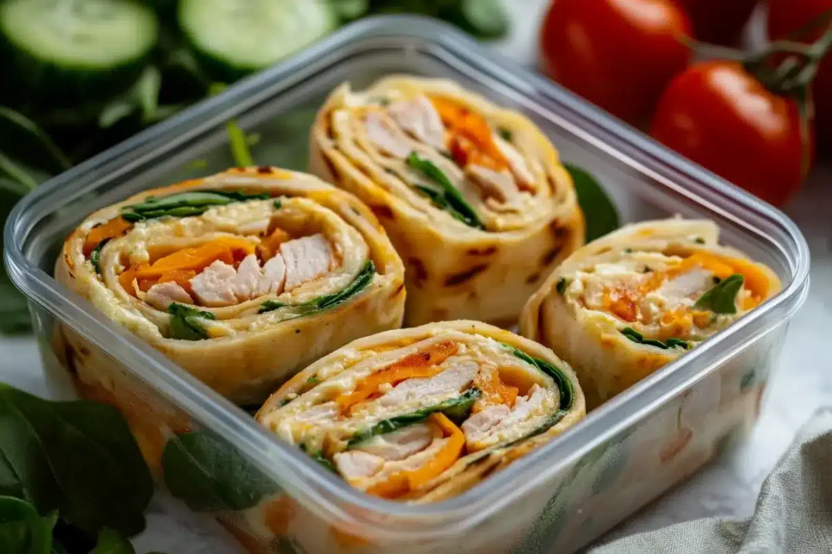 A container of turkey and cheese roll-ups filled with fresh spinach and shredded carrots, neatly sliced and ready to enjoy as a quick meal or snack.
