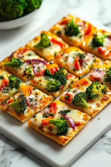 A platter of cold veggie pizza slices topped with shredded carrots, red onions, and bell peppers, served with a side of dip.

