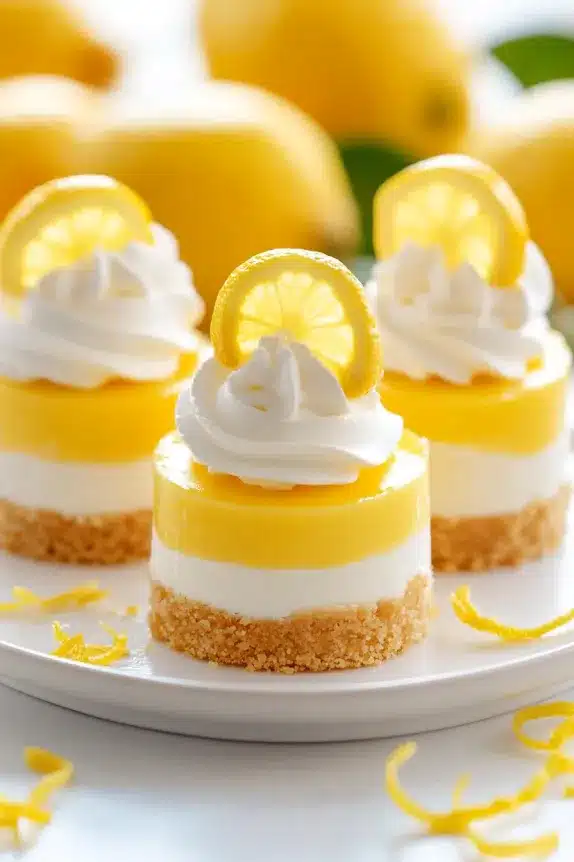 A set of individual mini lemon cheesecakes on a white plate, surrounded by fresh lemons and lemon zest, creating a bright and inviting dessert presentation.

