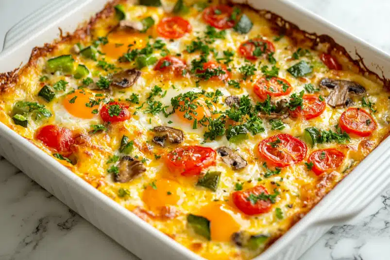 A sliced breakfast casserole with vibrant vegetables and fluffy eggs, garnished with fresh herbs and served with a side of toast.