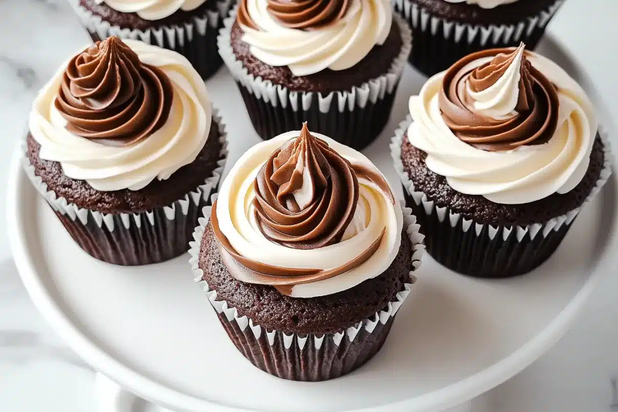 Top-down view of frosted chocolate cupcakes with beautifully swirled chocolate and vanilla buttercream.

