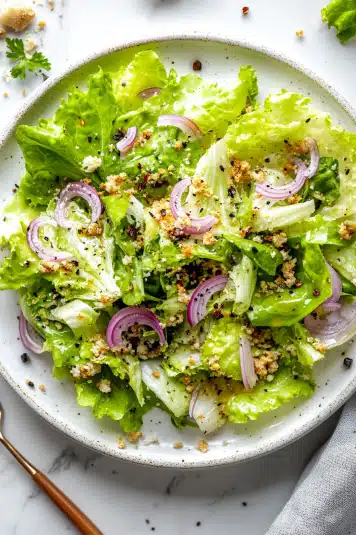A fresh green salad with crispy panko breadcrumbs, shaved Parmesan cheese, and a light lemon vinaigrette, served in a white bowl.

