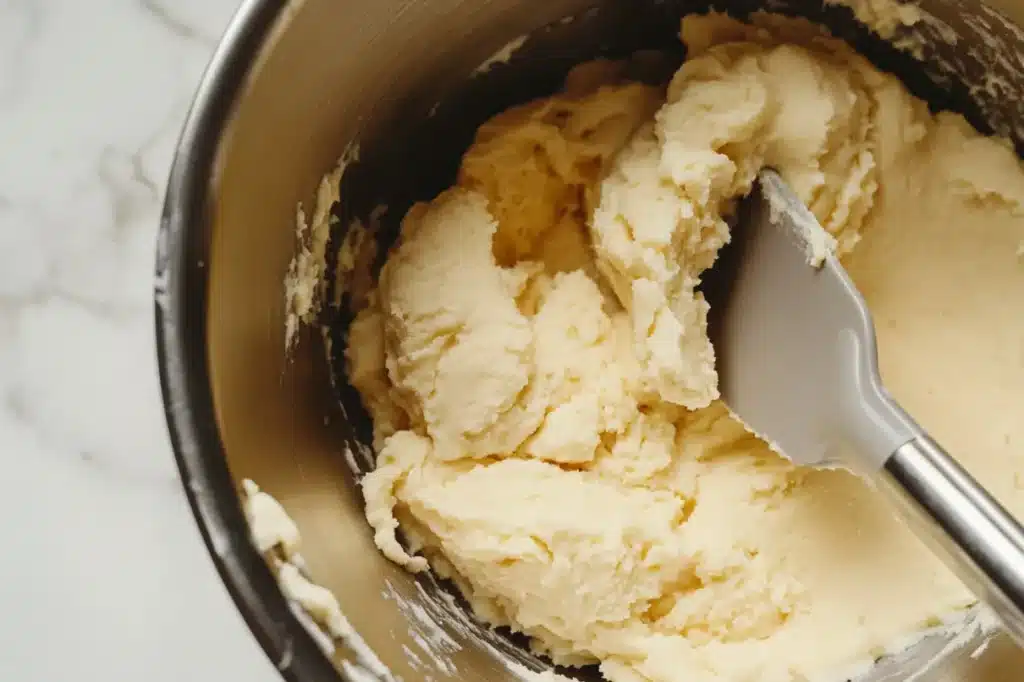 Close-up of freshly mixed cookie dough in a stainless steel mixing bowl, with a silicone spatula partially scooping the soft, creamy dough. The texture appears smooth and slightly fluffy, ready for shaping and baking.

