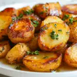 Golden-brown melting potatoes with crispy edges and a soft, creamy center, garnished with fresh herbs and served on a rustic plate.