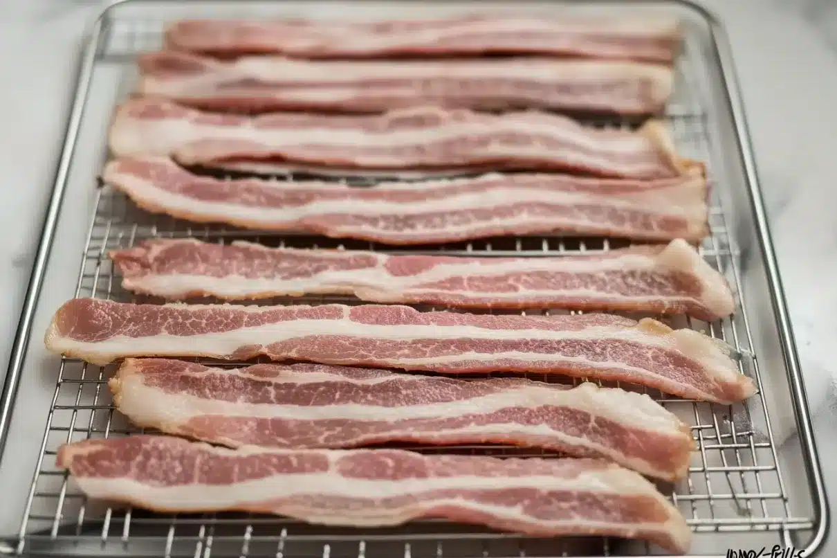 Raw bacon strips neatly arranged on a wire rack, ready for baking or frying
