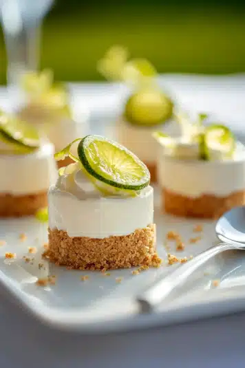 A flat lay of mini pies surrounded by lime slices, graham crumbs, and whipped cream for garnish.

