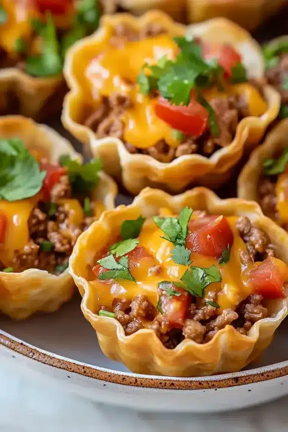 Brown serving plate with crispy phyllo taco cups filled with cheesy beef, diced tomatoes, and chopped cilantro.