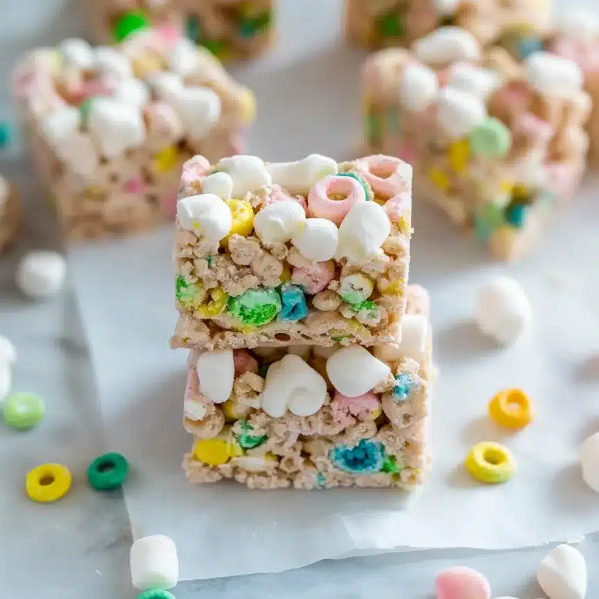 A stack of two Lucky Charms cereal bars, loaded with marshmallows and crispy cereal, sitting on a white surface with more bars in the background.