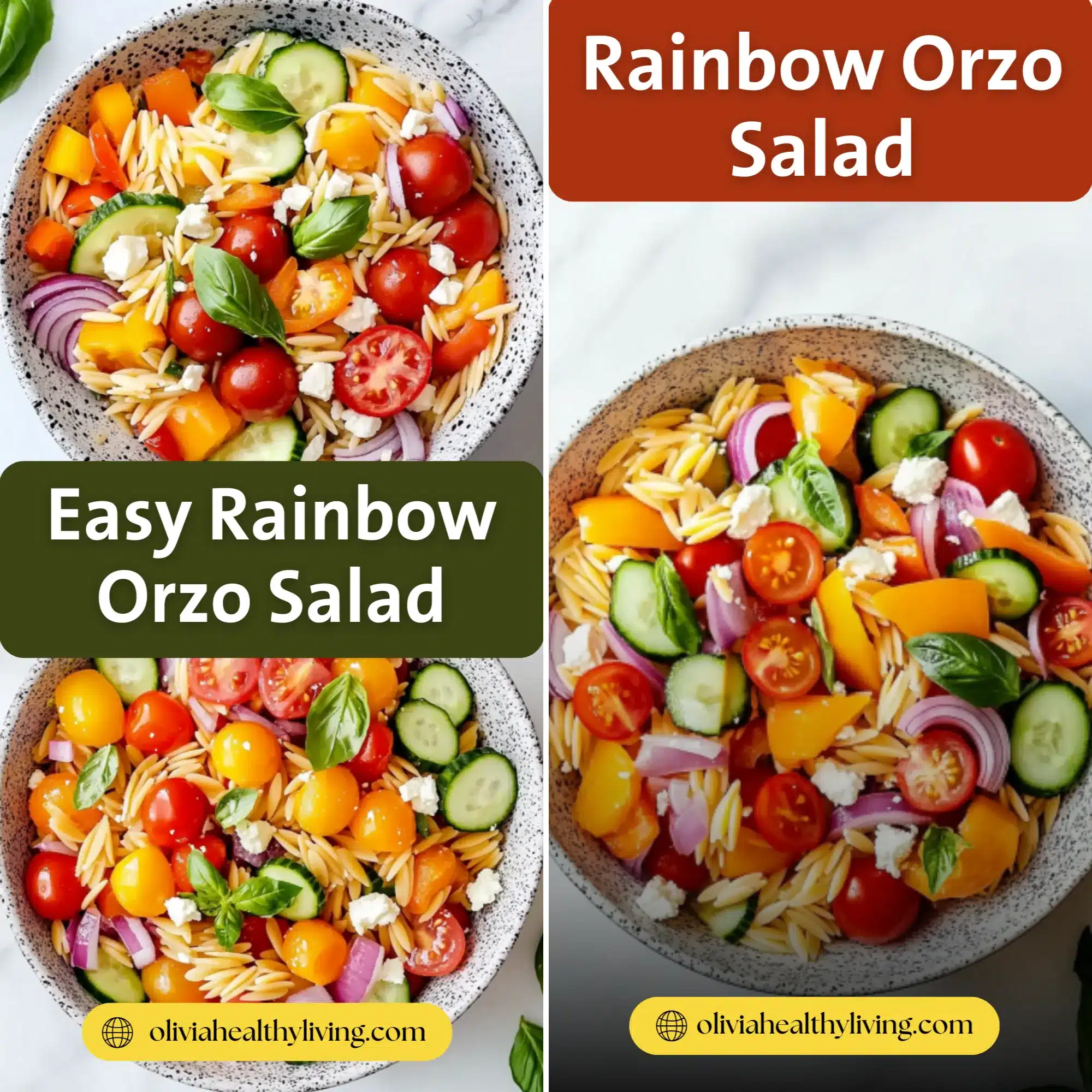 A bowl of orzo salad tossed with fresh herbs and lemon dressing, surrounded by chopped veggies and salad tongs.