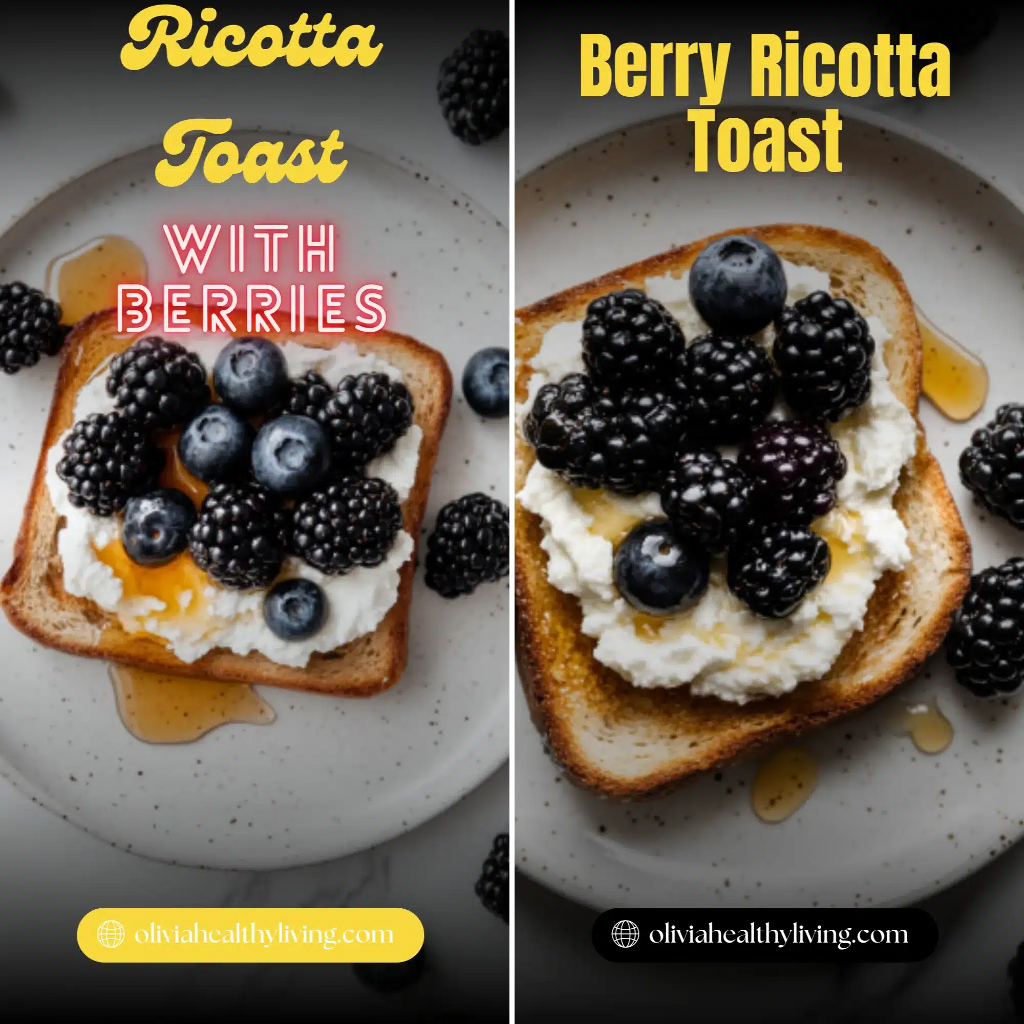 A crispy slice of sourdough toast topped with creamy ricotta cheese, fresh raspberries, blueberries, and a drizzle of honey.

